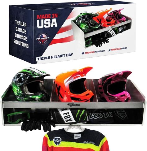 Pit Posse 518 Helmet Bay Mount Triple Shelf Storage Gear Organizer - Made in USA - Aluminum Racing Cabinet Enclosed Cargo Race Trailer Shop Garage - Stores 3 Helmets - Gloves Goggles Jerseys (Silver) in Saudi Arabia