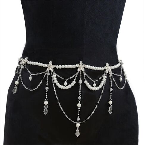 Pearl Waist Chain Belt - Punk Gothic Crossover Body Belly Chains Tassel for Women Girl (Silver) in Saudi Arabia