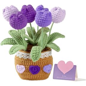 Tulips Crochet Flower Bouquet Crocheted Potted Plant Flowers Forever Tulip Pot Crafted Decor (Pink) in Kuwait