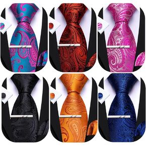 Barry.Wang Mens 6 PCS Ties Silk Striped Paisley Check Floral Necktie Pocket Square Tie-Clip Wedding Business Party Ties 3.34" in Saudi Arabia