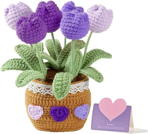 Tulips Crochet Flower Bouquet Crocheted Potted Plant Flowers Forever Tulip Pot Crafted Decor (Pink) in Kuwait