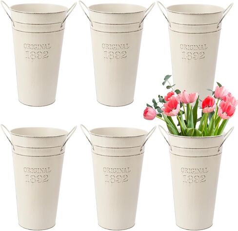 4 Packs 12 Inch Galvanized Metal Vases with Handles, Rustic Flower Buckets for Cut Flowers, Country Wedding, Table Centerpiece Decorations(Milky White) in Saudi Arabia