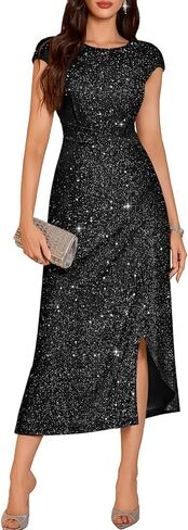 DRESSTELLS Women's Sparkly Formal Wedding Guest Dresses, Sequin Cocktail Party Evening Prom Slit Maxi Dress in Saudi Arabia