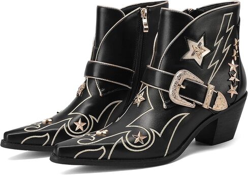 ووجهت حذاء رعاة البقر المطرز في الكاحل الغربي للسيدات بأحذية رعاة البقر المشاركة في كعب منخفض مع مشبك معدني للحفلات الموسيقية للمهرجانات والمغامرات في الهواء الطلق in Kuwait