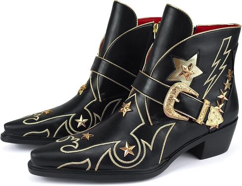 Women’s Western Ankle Boots Star Embroidered Cowgirl Boots Pointed Toe Low Heel with Metal Buckle for Festivals Concerts and Outdoor Adventures in Saudi Arabia