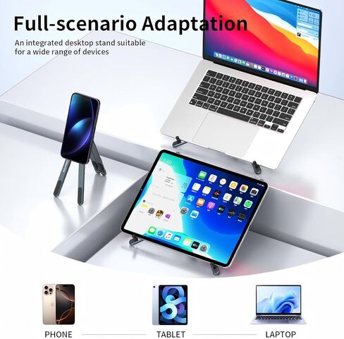 Adjustable Laptop Stand for Desk with Magnetic Phone Holder, MagSafe Compatible Portable Foldable Computer Riser for MacBook, iPhone, iPad, Tablet - Perfect for Office, Home, Traveling in Saudi Arabia
