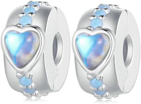 2pc Clip Spacer Charm Bracelets for Women 925 Sterling Silver Blue White Crystal Charm Clip Lock Spacer Stopper Charm Bead for Bracelet(Heart Silver-2PC) in Saudi Arabia