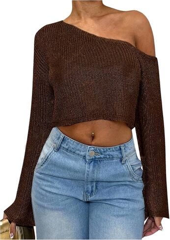 MakeMeChic Women's Off The Shoulder Sweater Sequin Sparkly Long Sleeve Party Crop Pullover Tops in Kuwait