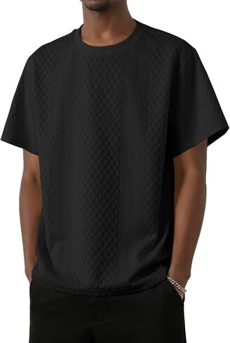 Mens Knit Short Sleeve T Shirts Casual Crewneck Solid Color Shirt Summer Cable Knitted Stretch Pullover Tees in Saudi Arabia