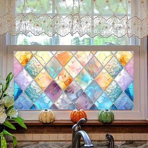 Stained Glass Window Privacy Film Static Cling Rainbow Window Film Decorative Window Film UV Blocking Frosted Glass Sticker Window Tint 39.3x17.7 Inch for Home Office in Kuwait