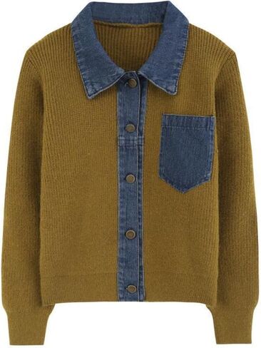 happlan Women's Knitted Long Sleeve Denim Patchwork Cardigan Sweater Jacket Top in Kuwait