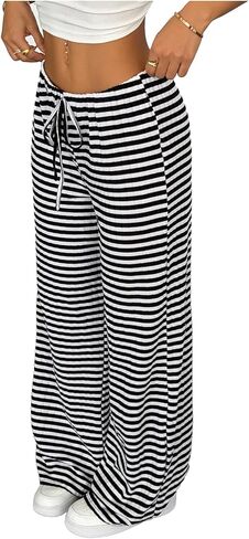 Floerns Women's Wide Leg Drawstring Striped Pants Low Waisted Casual Loose Trousers in Saudi Arabia