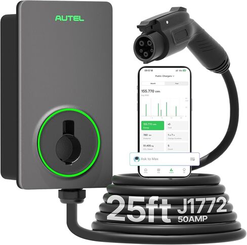 شاحن Autel Home Smart AI Level 2 EV حتى 50 أمبير، 240 فولت، محطة شحن كهربائية سريعة داخلية/خارجية مع كابل مرن بطول 25 قدم، رمادي داكن in Saudi Arabia