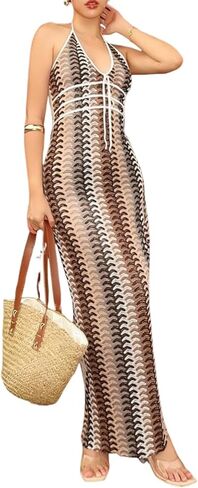 Women Sexy Halter See-through V Neck Hollow Bikini Bathing Suit Coverup Crochet Beach Maxi Dress in Kuwait