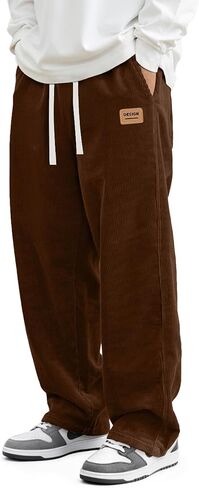 Mens Corduroy Pants Drawstring Elastic Waist Casual Pants Straight Baggy Sweatpants with Pockets in Kuwait