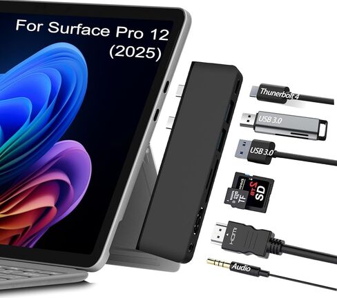 قاعدة تركيب ملحقات Surface Pro 12، موزع USB ومحول مع HDMI 4K، USB-C Thunderbolt 4 (شاشة + بيانات + 100 واط PD)، 2 USB 3.0، صوت 3.5 مم، فتحة بطاقة SD/TF لجهاز Surface Pro 12 بوصة 2025 in Kuwait