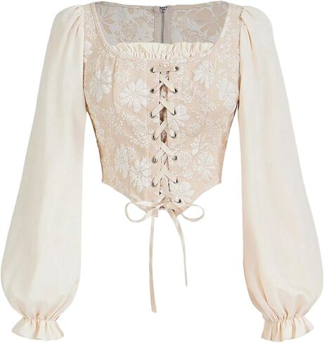 OYOANGLE Women's Floral Jacquard Lace Up Lantern Long Sleeve Blouse Vintage Renaissance Crop Tops in Saudi Arabia