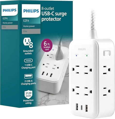 Philips Surge Protector, 8 Outlet, 2 USB-A, 1 USB-C, 17W, 3120J, Braided Cord, 6ft, White in Saudi Arabia