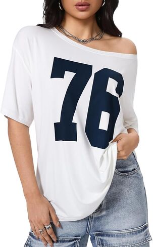 Verdusa Women's Off The Shoulder Tee Tops Letter Print Short Sleeve Oversized T Shirt in Saudi Arabia