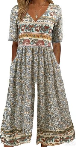 Womens Jumpsuits Dressy Casual Boho Floral Short Sleeve Jumpsuit V Neck Wide Leg Loose Flowy One Piece Bodysuit in Saudi Arabia