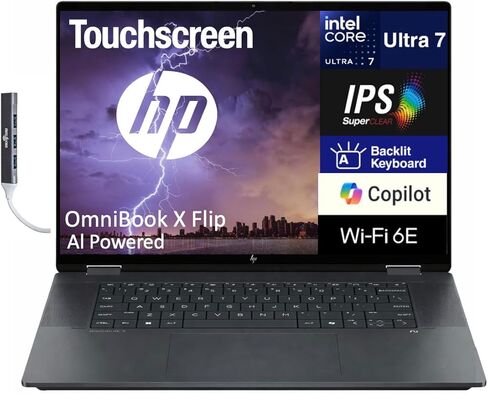 HP OmniBook X Flip AI Powered 2-in-1 Copilot+ Laptop (NextGen Envy x360) 16.0" Touch IPS WUXGA (Intel Ultra 7-258V, 32GB LPDDR5X, 2TB SSD, Backlit KB, Thunderbolt 4, Win11H) w/DKZ USB Port Expander in Saudi Arabia