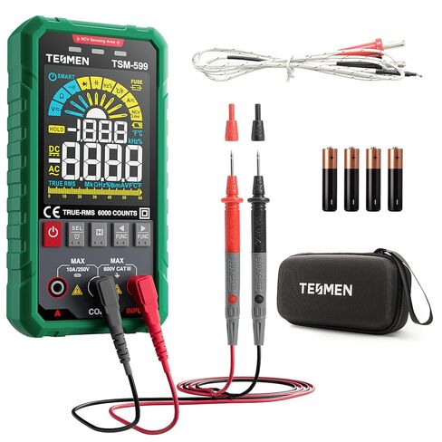 Tesmen TSM -599 Multimeter Digital Smart ، القياس التلقائي واليدوي ، TRMS 6000 التهم ، فولتميتر مع NCV ، الجهد والتيار ، المقاومة ، الاستمرارية ، الصمام الثنائي ، السعة ، HZ ٪ ، درجة الحرارة ، السلك المباشر - الأحمر - الأحمر in Kuwait