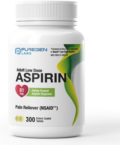 Puregen Labs Aspirin 81 mg Low Dose (NSAID) – 300 Enteric Coated Tablets in Saudi Arabia