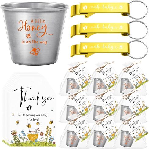 Vesici 50 Sets Baby Shower Favors for Girls Boys Stainless Steel Shot Glasses Cute Bottle Opener Keychains Thank You Tags and Bags Baby Shower Party Favors Gender Reveal Party Guest Return Gift (Pink) in Saudi Arabia