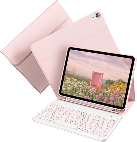 حافظة لجهاز iPad الجيل العاشر مع لوحة مفاتيح (إصدار 10.9 بوصة 2022) - غطاء لوحة مفاتيح قابل للطي بإضاءة خلفية لاسلكية بـ 7 ألوان مع حامل أقلام لجهاز iPad الجيل العاشر، وردي in Kuwait