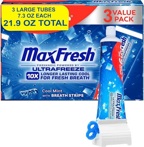 Max Toothpaste with Mini Breath Strips, Cool Mint 3 Large Tubes of 7.3 oz (Total 21.9 oz) Whitening, Fluoride Cavity Protection, Long-Lasting Fresh Breath Bonus Toothpaste Squeezer in Saudi Arabia