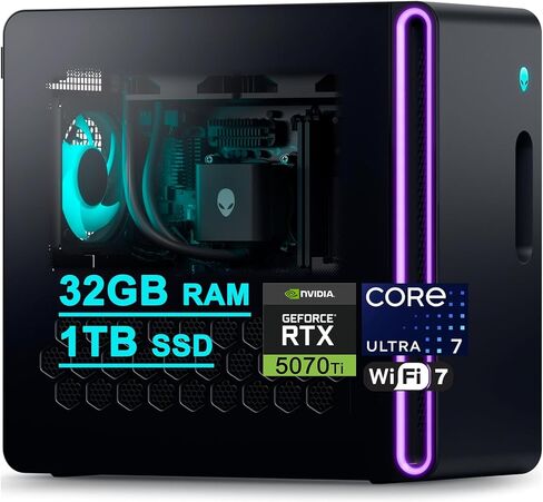 كمبيوتر سطح المكتب Dell Alienware Aurora ACT1250 للألعاب Intel 20-core Ultra 7 265F (>i7-14700) ذاكرة الوصول العشوائي 64 جيجابايت 2 تيرابايت SSD GeForce RTX 5070 Ti 16 جيجابايت GDDR7 DLSS4 Wi-Fi7 1000W PSU مبرد سائل للألعاب AI Win11Pro ICP Hub in Saudi Arabia