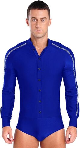 Mens Latin Ballet Dance Leotard Competition Costume Raglan Sleeve Stand Collar Button Sparkly Rhinestones Leotard(Black,XXL) in Kuwait