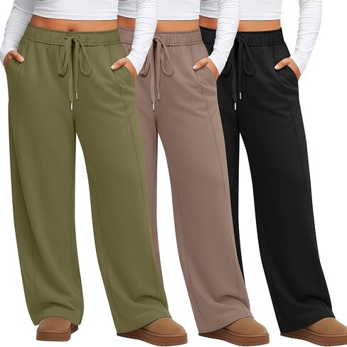 3 Pack Women's Plus Size Wide Leg Pants High Waist Lounge Yoga Sweatpants with Pockets Casual Drawstring Jogger in Saudi Arabia