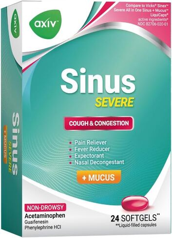 AXIV Sinus Severe + Mucus Relief, Non-Drowsy, Loosens Mucus, Maximum Strength Relief of Pain, Pressure, Congestion, & Headache Ease, 25 Blister Packs (2 Softgels Each, 50 Total) in Saudi Arabia