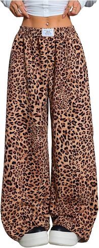OYOANGLE Women's Leopard Wide Leg Pants Letter Patched Elastic High Waist Cheetah Print Trousers in Saudi Arabia