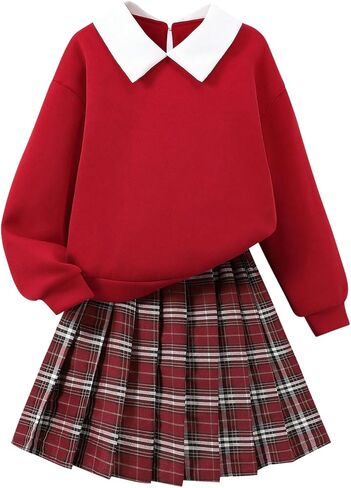 OYOANGLE Girl's 2 Piece Collared Sweatshirts and Plaid Pleated Skirt Preppy Clothes Set in Saudi Arabia