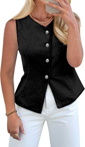 Tankaneo Womens Button Down Denim Vests Tops Sleeveless Fitted Jean Tank Tops Y2k Trendy Casual Waistcoat in Saudi Arabia