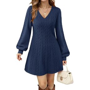 Women Lantern Sleeve Ribbed Knit Mini Dresses V Neck Fall Elegant A Line Sweater Dress in Kuwait