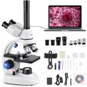 VEVOR Trinocular Compound Microscope, 40X-5000X Magnification, Digital Laboratory Trinocular Compound LED Microscope Two-Layer Mechanical Stage Computer Connection for Students and Laboratory in Saudi Arabia