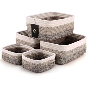 5-Pack Small Woven Rope Storage Baskets – 2 Sizes Organizer Bins for Closet, Shelf, Bookshelf, Nursery, Changing Table, Fabric Cube Boxes, Rectangular Shallow Bins for Bathroom, Toy & Home in Kuwait