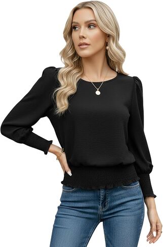 بلوزة نسائية مرنة بخصر 3/4 طول بأكمام منتفخة بلوزة ذات رباط سفلي ملابس غير رسمية أنيقة 2025 in Kuwait