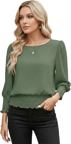 Women Elastic Cinched Waist Top 3/4 Length Puff Sleeve Smocked Tops Banded Bottom Blouse Dressy Casual Outfits 2025 in Saudi Arabia