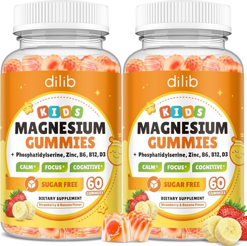 Magnesium Glycinate Gummies for Kids, Brain Supplement for Memory and Focus with Phosphatidylserine, L-Theanine, Zinc for Kids & Adults Sleep Cognition Calm, Strawberry & Banana Flavor 60ct in Kuwait