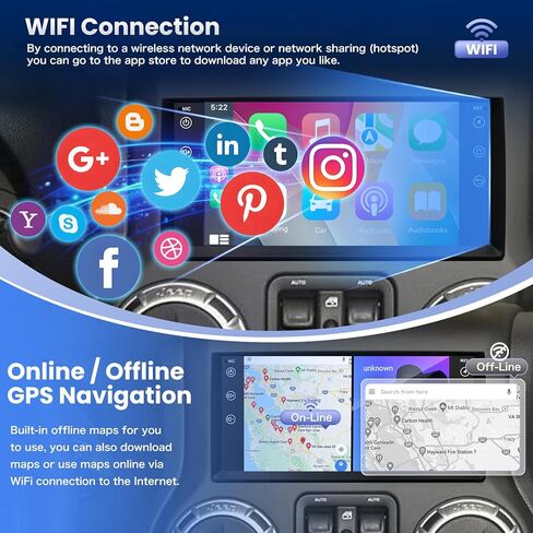 2 + 32G راديو السيارة ستيريو لسيارة جيب رانجلر JK كومباس جراند شيروكي دودج رام، مدمج لاسلكي Carplay Android Auto، شاشة لمس 10 بوصات للسيارة مع كاميرا احتياطية للملاحة WiFi GPS in Kuwait