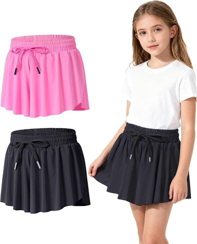 Girls' Athletic Shorts High Waist Flowy Butterfly Skirt 2 in 1 with Pockets Spandex Liner for Fitness, Running in Kuwait