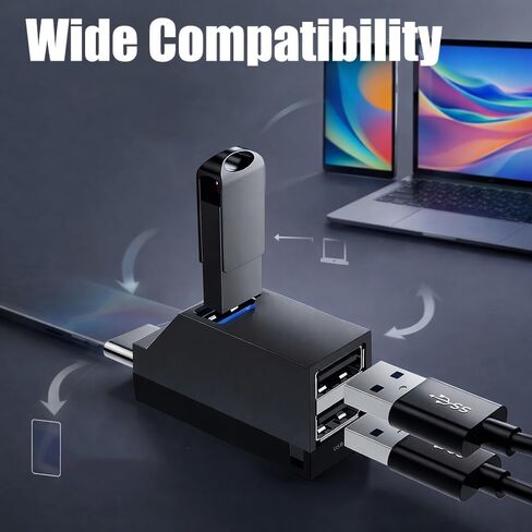 موزع USB C 3 في 1، محور على شكل صافرة من النوع C إلى USB 3.0 مع 3 منافذ، تصميم حبل معلق، خفيف الوزن، محمول، نقل بيانات عالي السرعة لأجهزة الكمبيوتر المحمول والهواتف الذكية والمزيد (أسود) in Kuwait