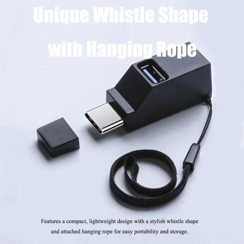 موزع USB C 3 في 1، محور على شكل صافرة من النوع C إلى USB 3.0 مع 3 منافذ، تصميم حبل معلق، خفيف الوزن، محمول، نقل بيانات عالي السرعة لأجهزة الكمبيوتر المحمول والهواتف الذكية والمزيد (أسود) in Kuwait