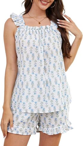 Kissonic Womens Ruffle Pajamas Set 2 Piece Summer PJs for Women Floral Pajama Ruffle Trim Cami Top and Shorts Lounge(LightBlue-Small) in Saudi Arabia