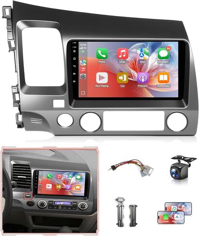 ستيريو سيارة 4G+64G لسيارة Honda Civic 2006 إلى 2011 راديو Apple CarPlay Android Auto، شاشة لمس 9IN IPS لمشغل تشغيل السيارة Civic BT، 5G WiFi، GPS Navi، AUX، FM RDS، DSP HiFi، كاميرا، دعم وسادة هوائية in Kuwait