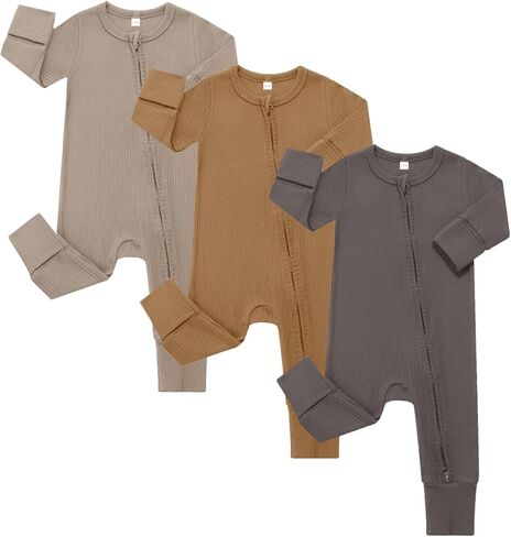 Bafeicao 3 Pack Baby Boy Girlbers مع الأصفاد القفاز ، والقطن المضلع 2 الطريق سحاب Romper قطعة واحدة من الملابس in Kuwait